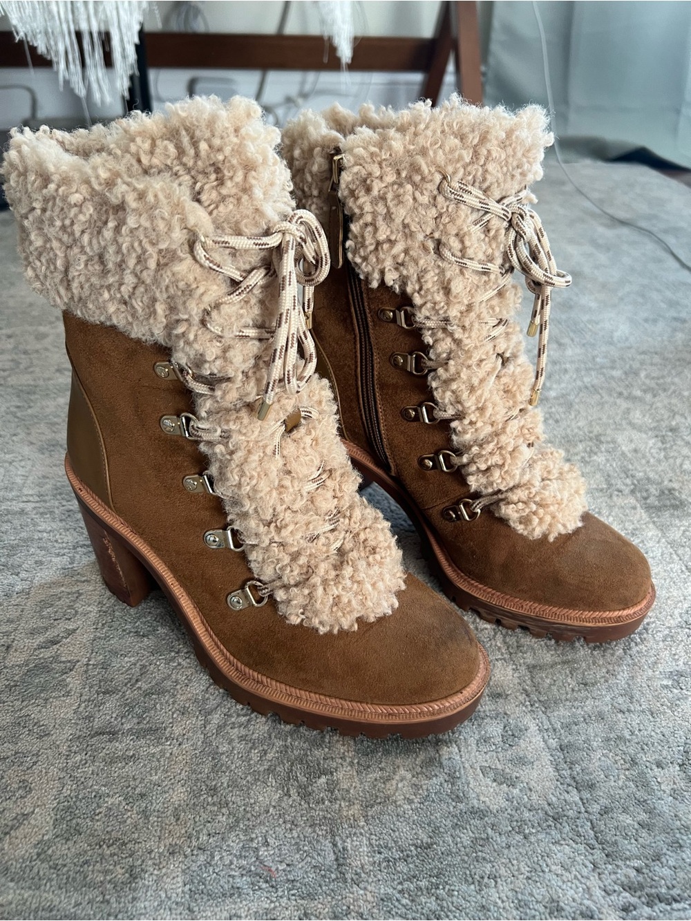 Jennifer Lopez Brown Suede Shearling Lace-Up Heeled Boots